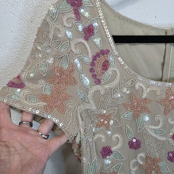 Vintage Beaded Beige Dress Floral Embellished Swing Midi No Tags - Picture 3 of 12